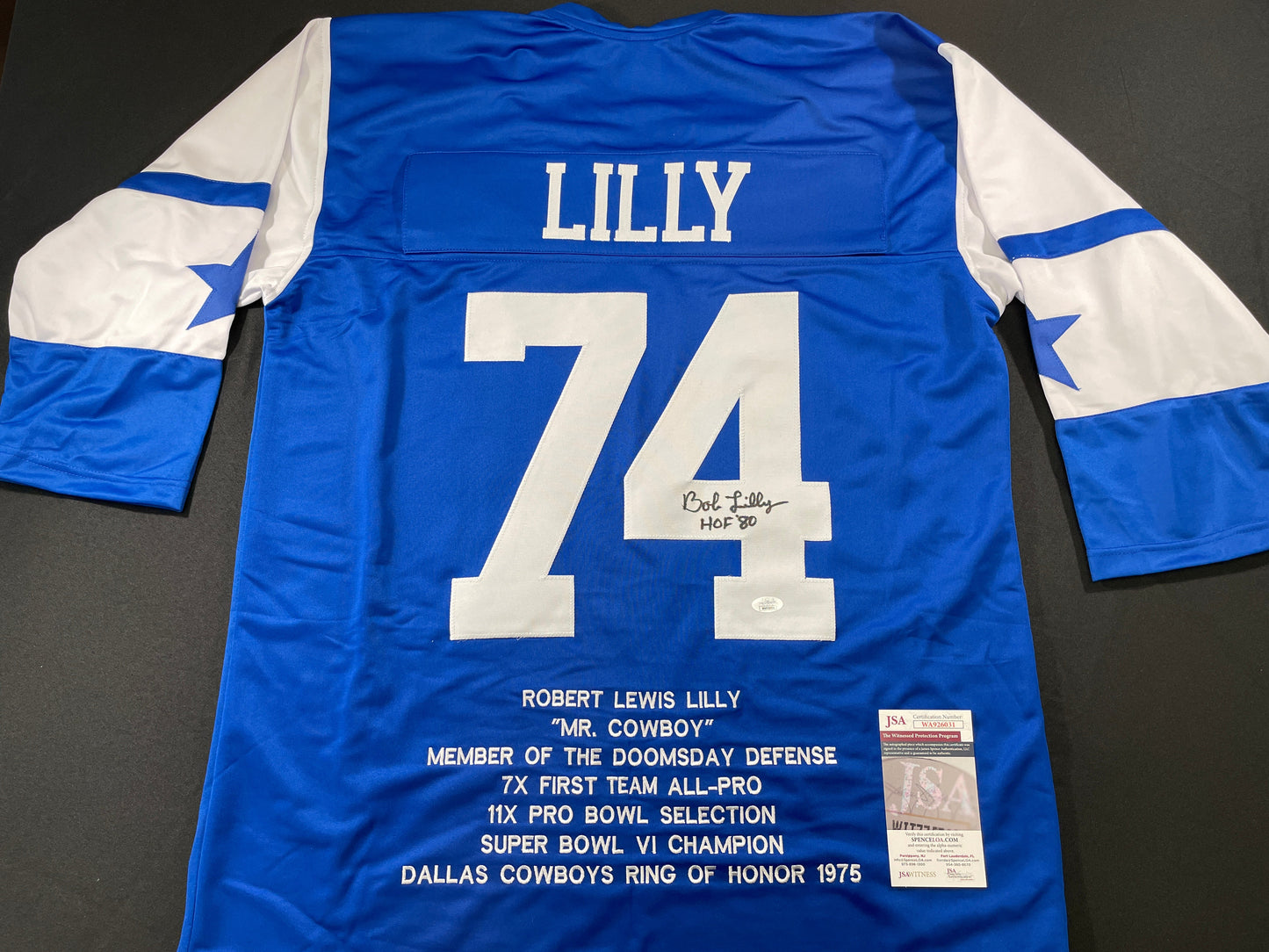 BOB LILLY DALLAS COWBOYS SIGNED SEWN THROWBACK FOOTBALL STAT JERSEY JSA