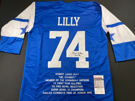 BOB LILLY DALLAS COWBOYS SIGNED SEWN THROWBACK FOOTBALL STAT JERSEY JSA