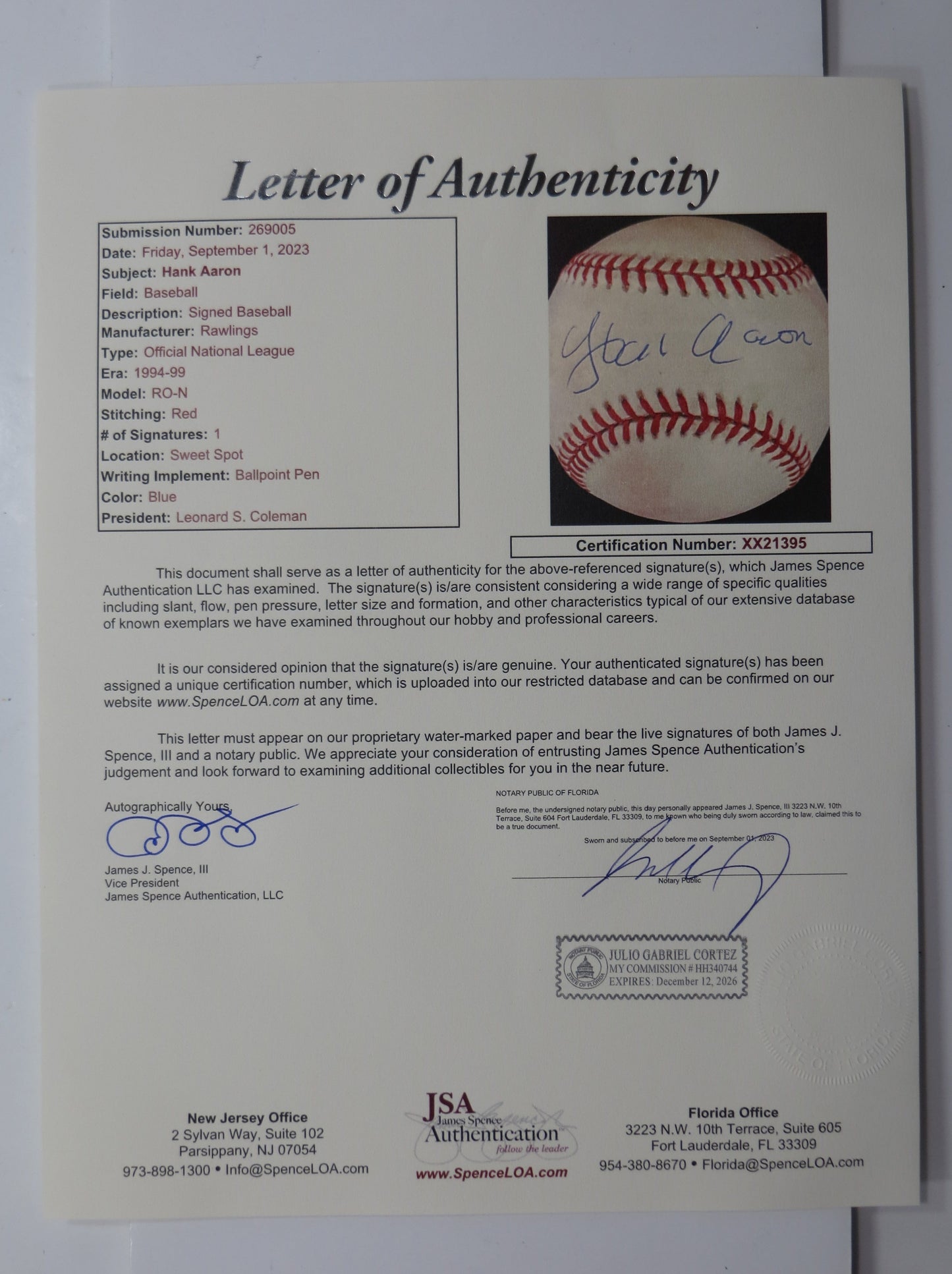 HENRY HANK AARON SIGNED RAWLINGS ONL BASEBALL BRAVES JSA FULL LOA