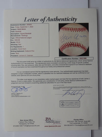 HENRY HANK AARON SIGNED RAWLINGS ONL BASEBALL BRAVES JSA FULL LOA
