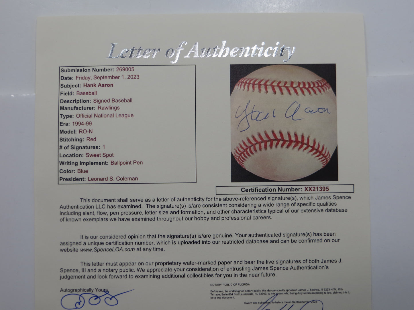 HENRY HANK AARON SIGNED RAWLINGS ONL BASEBALL BRAVES JSA FULL LOA