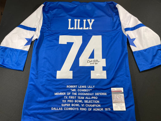 BOB LILLY DALLAS COWBOYS SIGNED SEWN THROWBACK FOOTBALL STAT JERSEY JSA