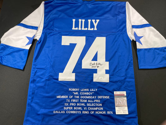 BOB LILLY DALLAS COWBOYS SIGNED SEWN THROWBACK FOOTBALL STAT JERSEY JSA