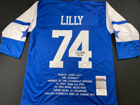 BOB LILLY DALLAS COWBOYS SIGNED SEWN THROWBACK FOOTBALL STAT JERSEY JSA