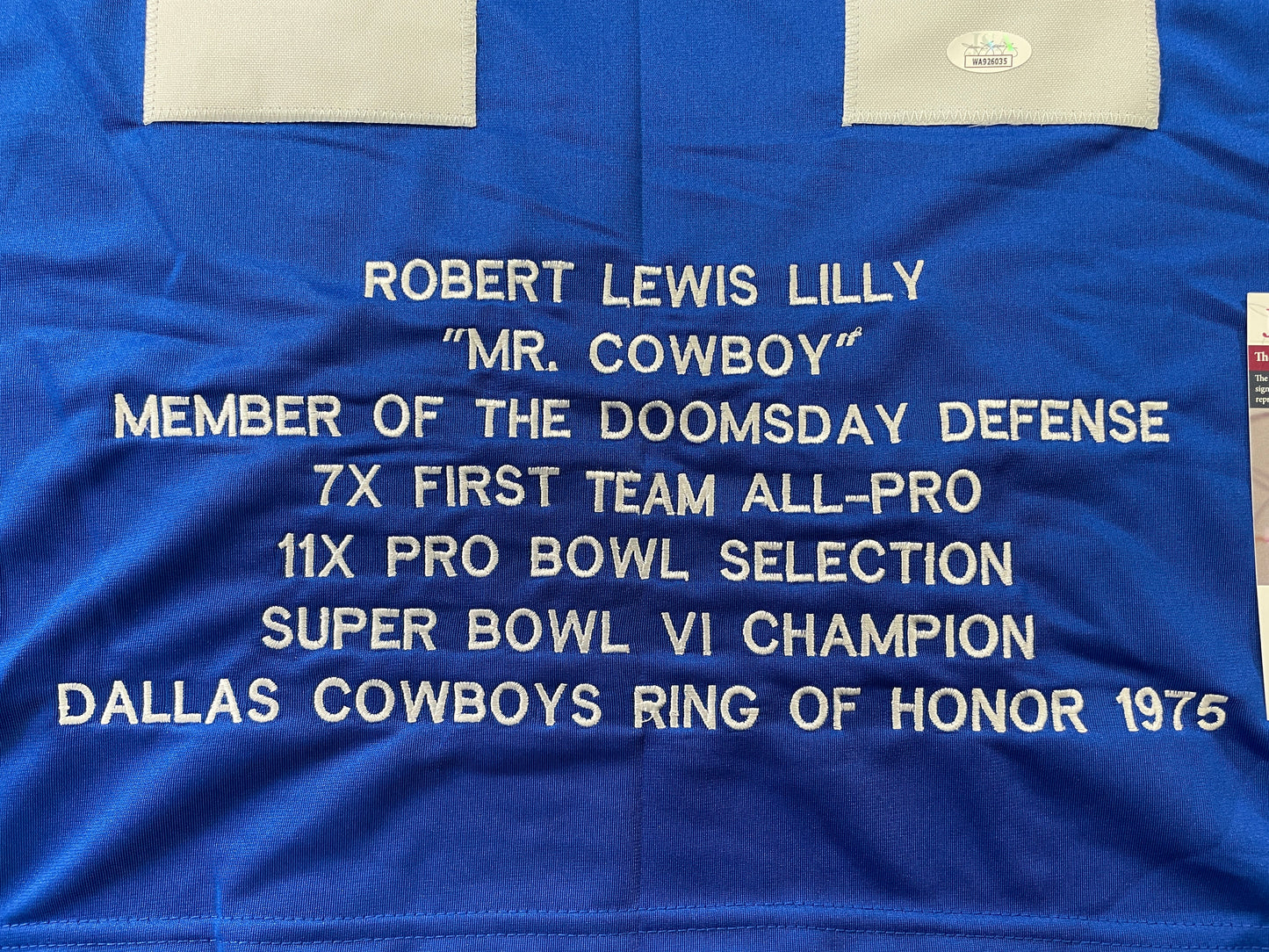 BOB LILLY DALLAS COWBOYS SIGNED SEWN THROWBACK FOOTBALL STAT JERSEY JSA
