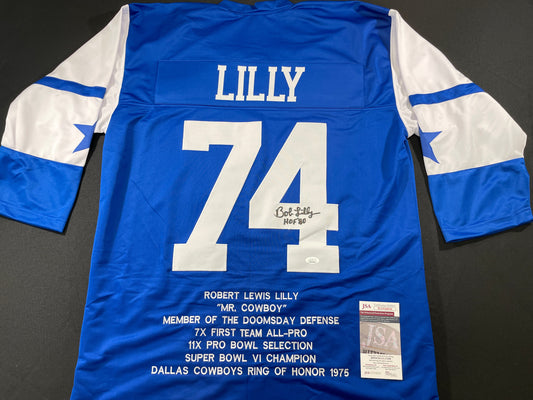 BOB LILLY DALLAS COWBOYS SIGNED SEWN THROWBACK FOOTBALL STAT JERSEY JSA