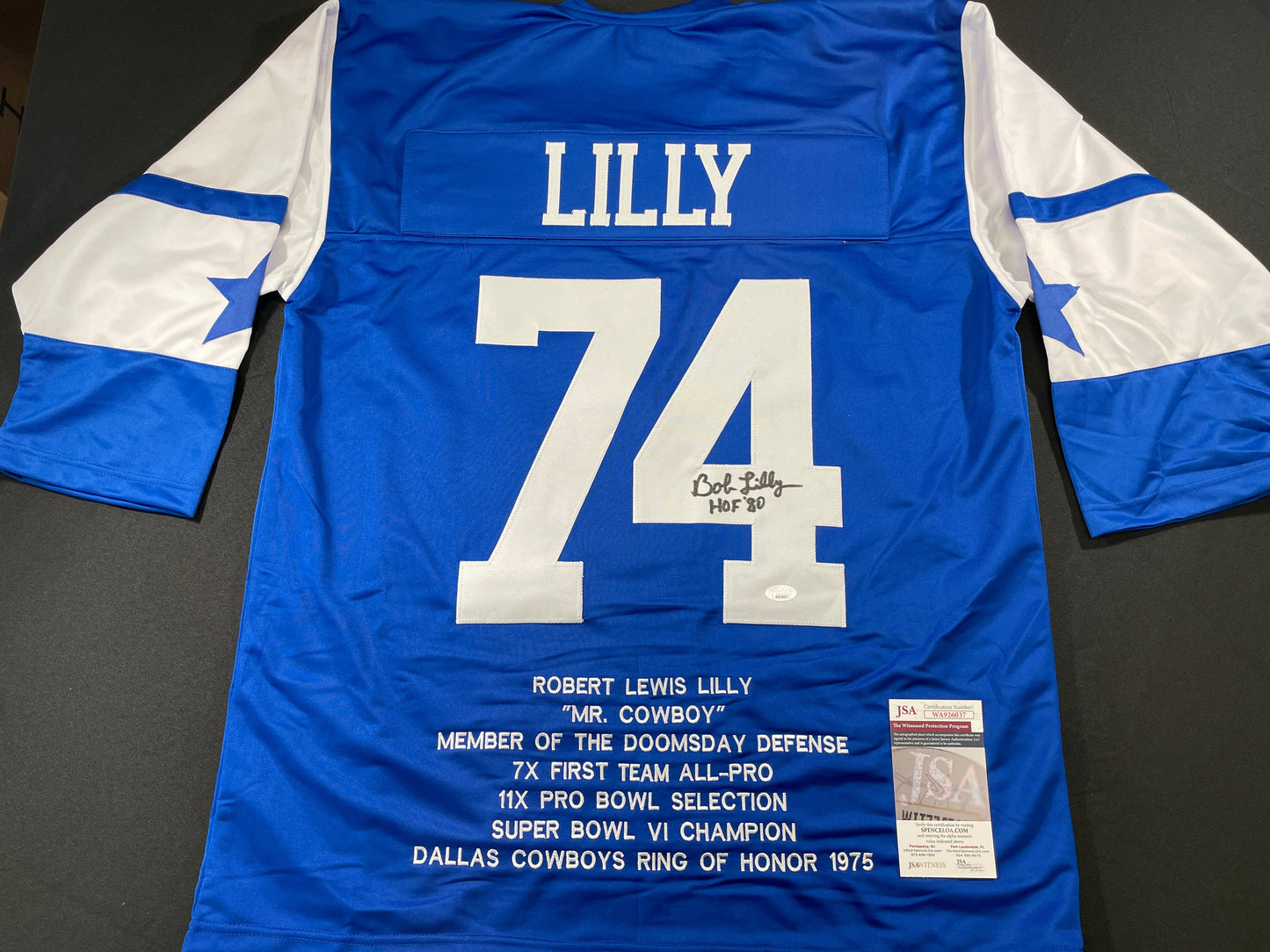 BOB LILLY DALLAS COWBOYS SIGNED SEWN THROWBACK FOOTBALL STAT JERSEY JSA