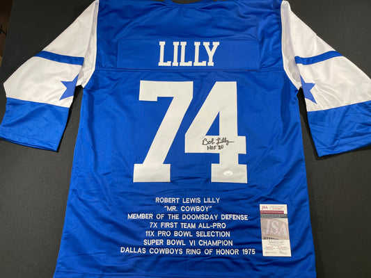 BOB LILLY DALLAS COWBOYS SIGNED SEWN THROWBACK FOOTBALL STAT JERSEY JSA