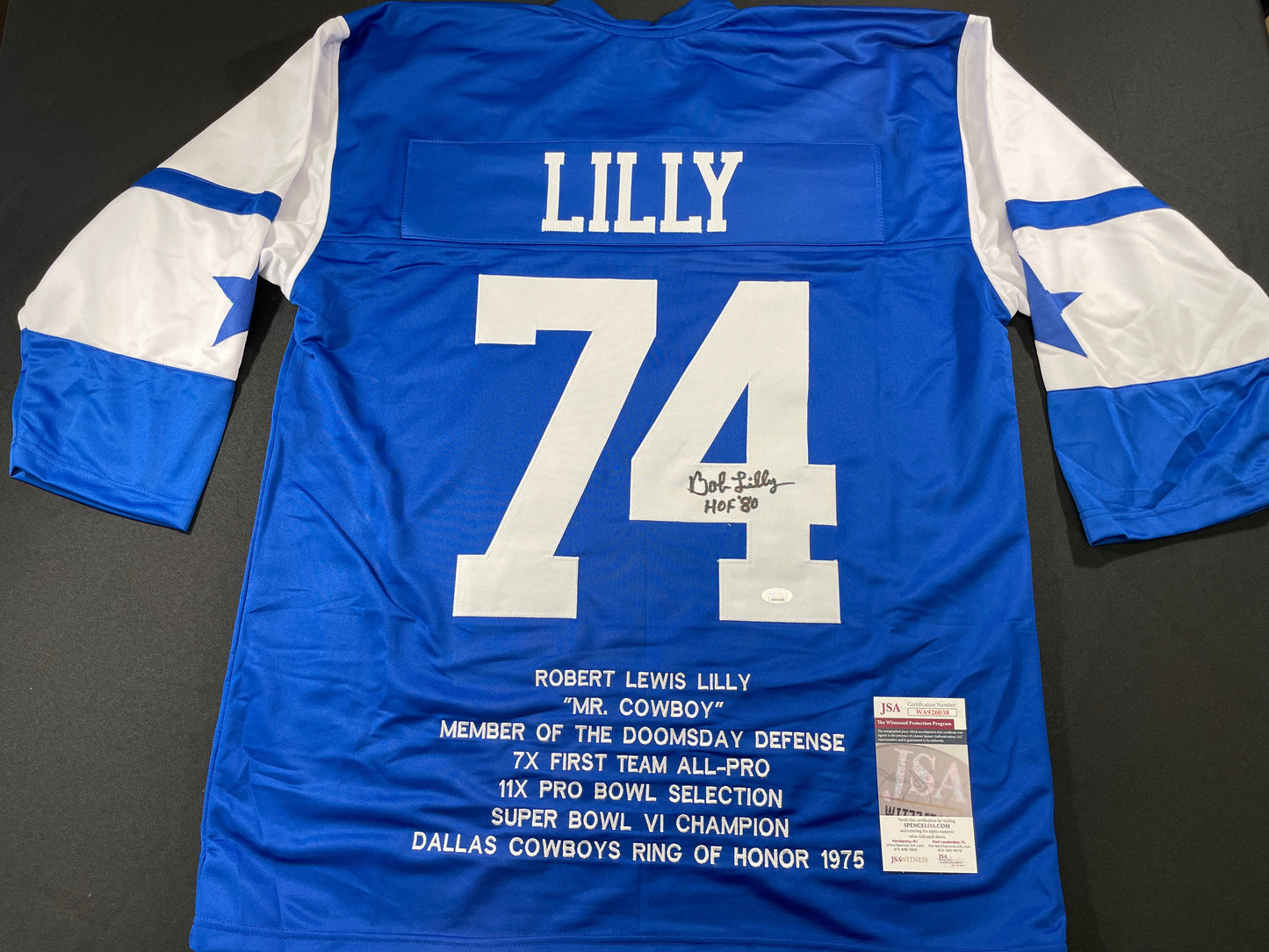 BOB LILLY DALLAS COWBOYS SIGNED SEWN THROWBACK FOOTBALL STAT JERSEY JSA