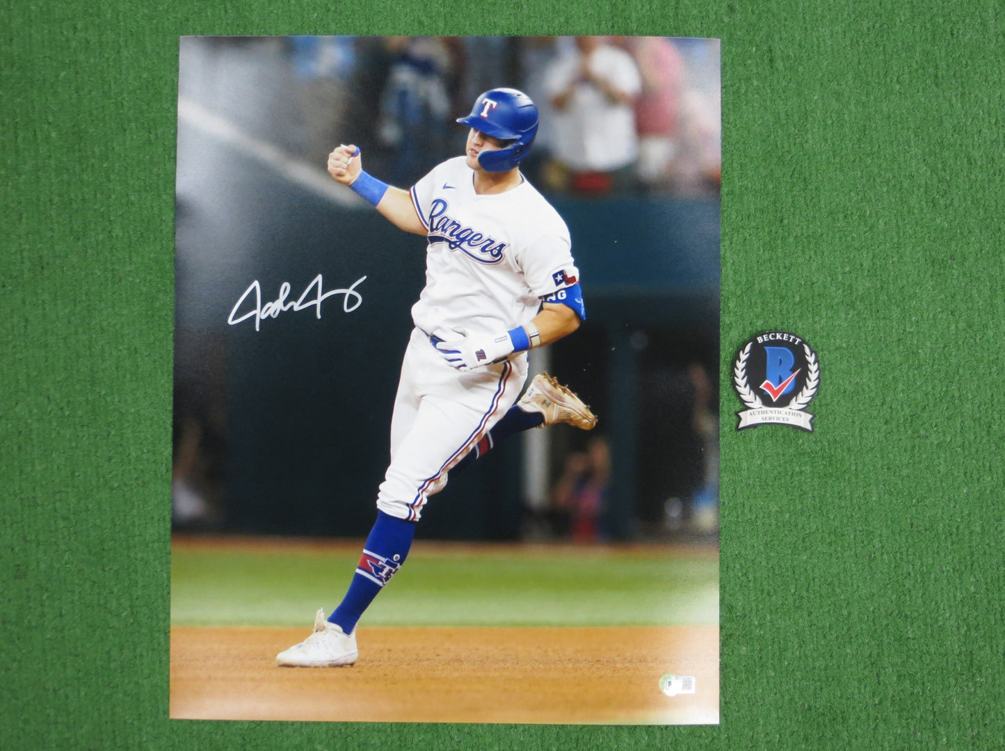 JOSH JUNG TEXAS RANGERS SIGNED 16x20 CELEBRATION PHOTO BAS COA