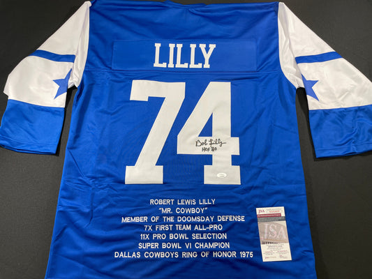 BOB LILLY DALLAS COWBOYS SIGNED SEWN THROWBACK FOOTBALL STAT JERSEY JSA