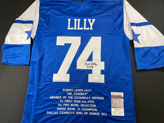 BOB LILLY DALLAS COWBOYS SIGNED SEWN THROWBACK FOOTBALL STAT JERSEY JSA