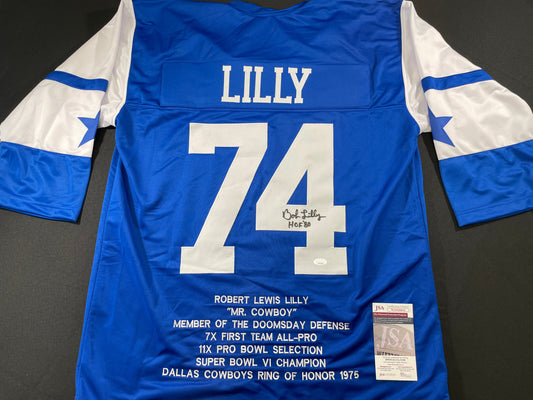 BOB LILLY DALLAS COWBOYS SIGNED SEWN THROWBACK FOOTBALL STAT JERSEY JSA