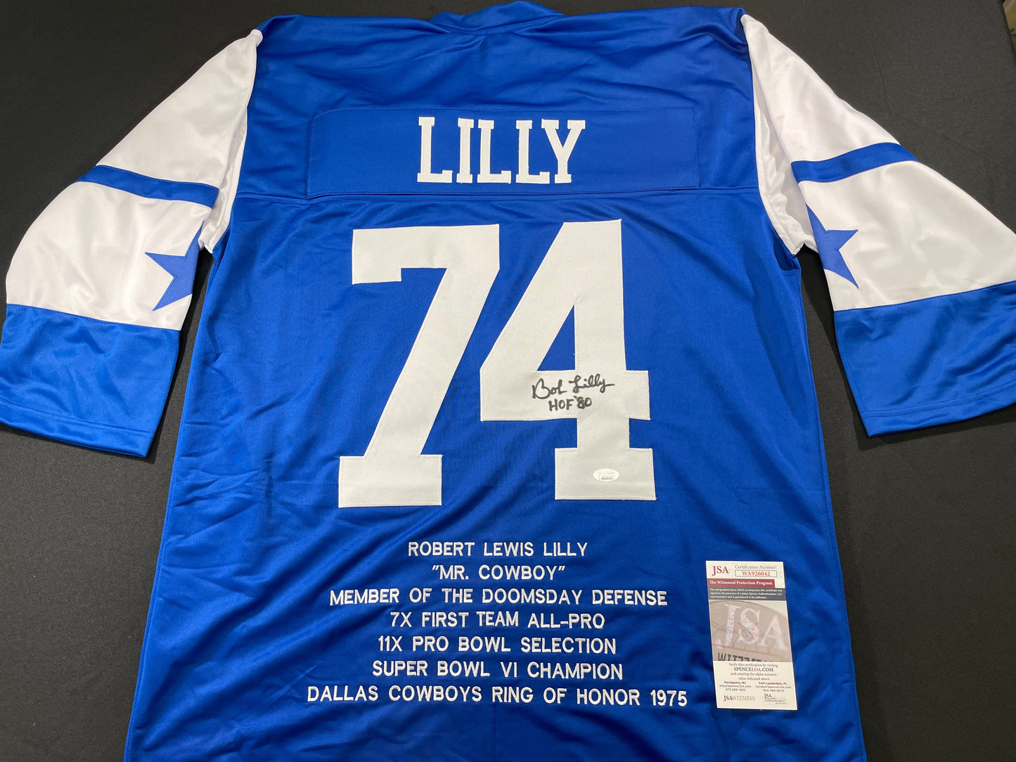 BOB LILLY DALLAS COWBOYS SIGNED SEWN THROWBACK FOOTBALL STAT JERSEY JSA