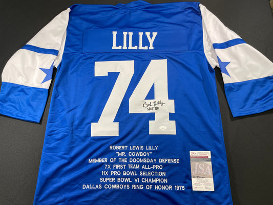 BOB LILLY DALLAS COWBOYS SIGNED SEWN THROWBACK FOOTBALL STAT JERSEY JSA