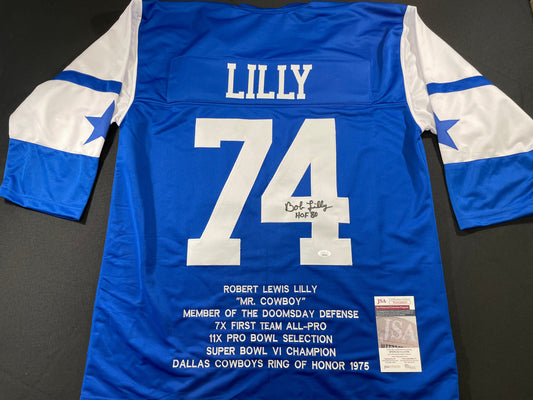 BOB LILLY DALLAS COWBOYS SIGNED SEWN THROWBACK FOOTBALL STAT JERSEY JSA