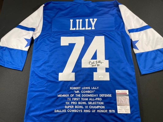 BOB LILLY DALLAS COWBOYS SIGNED SEWN THROWBACK FOOTBALL STAT JERSEY JSA
