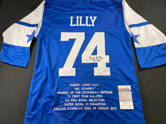 BOB LILLY DALLAS COWBOYS SIGNED SEWN THROWBACK FOOTBALL STAT JERSEY JSA