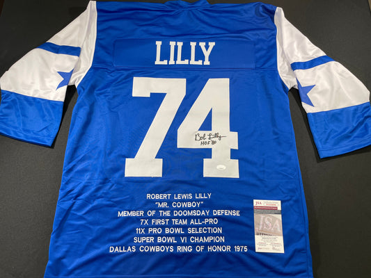 BOB LILLY DALLAS COWBOYS SIGNED SEWN THROWBACK FOOTBALL STAT JERSEY JSA