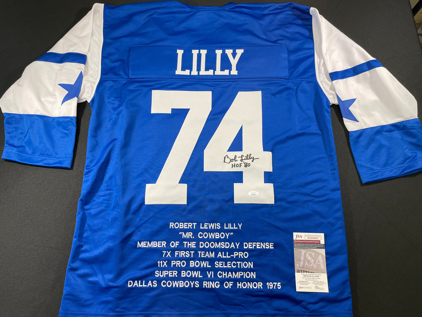 BOB LILLY DALLAS COWBOYS SIGNED SEWN THROWBACK FOOTBALL STAT JERSEY JSA