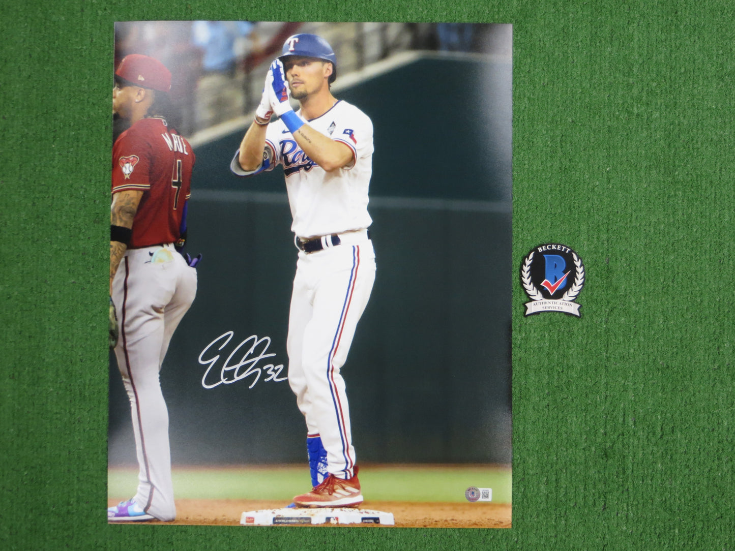 EVAN CARTER TEXAS RANGERS SIGNED CELEBRATION 16x20 PHOTO BAS COA