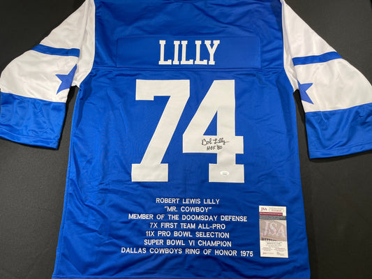 BOB LILLY DALLAS COWBOYS SIGNED SEWN THROWBACK FOOTBALL STAT JERSEY JSA