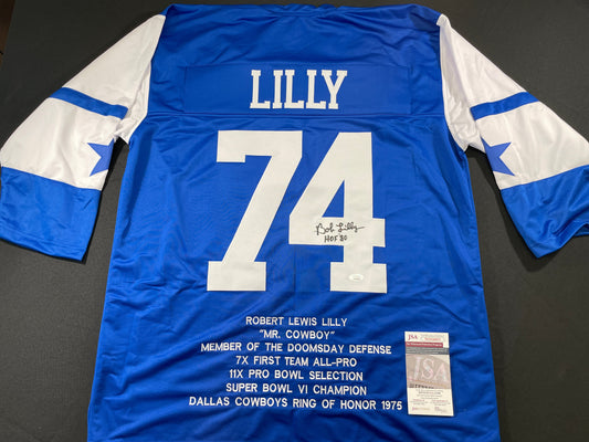 BOB LILLY DALLAS COWBOYS SIGNED SEWN THROWBACK FOOTBALL STAT JERSEY JSA