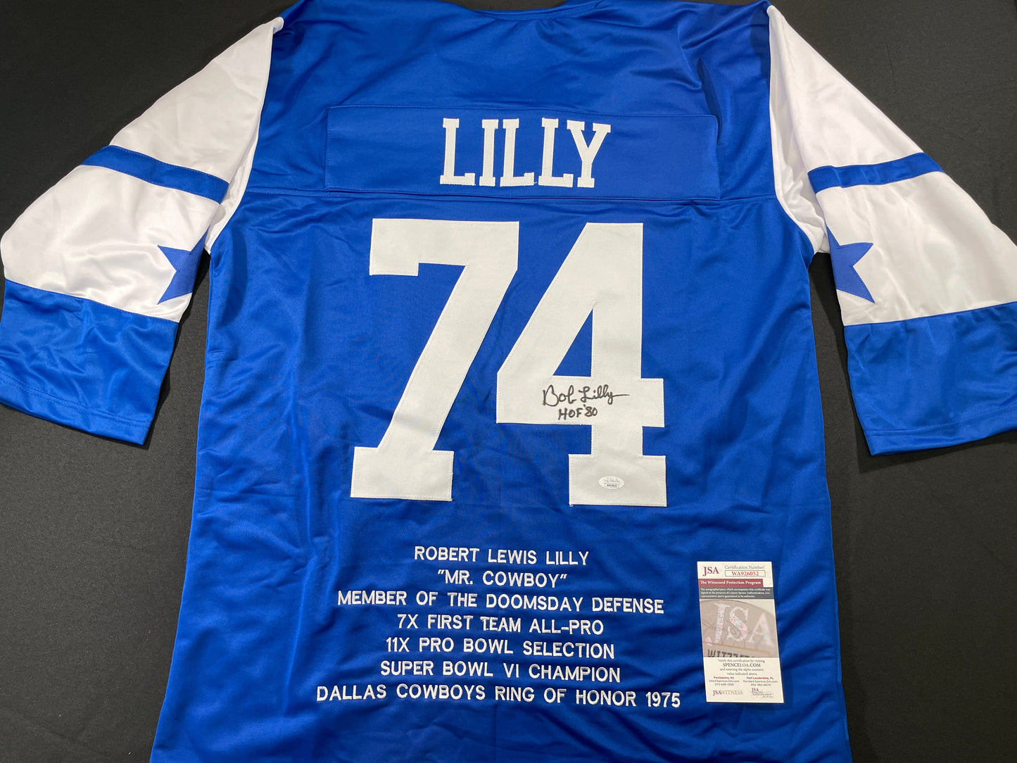 BOB LILLY DALLAS COWBOYS SIGNED SEWN THROWBACK FOOTBALL STAT JERSEY JSA