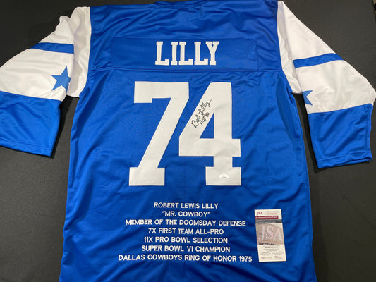 BOB LILLY DALLAS COWBOYS SIGNED SEWN THROWBACK FOOTBALL STAT JERSEY JSA
