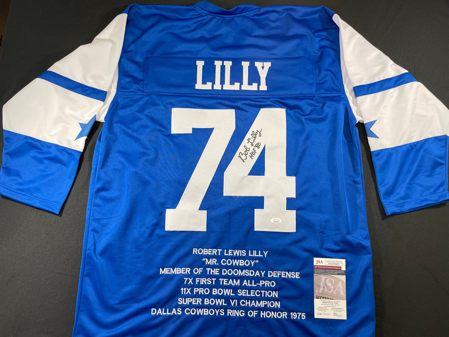 BOB LILLY DALLAS COWBOYS SIGNED SEWN THROWBACK FOOTBALL STAT JERSEY JSA