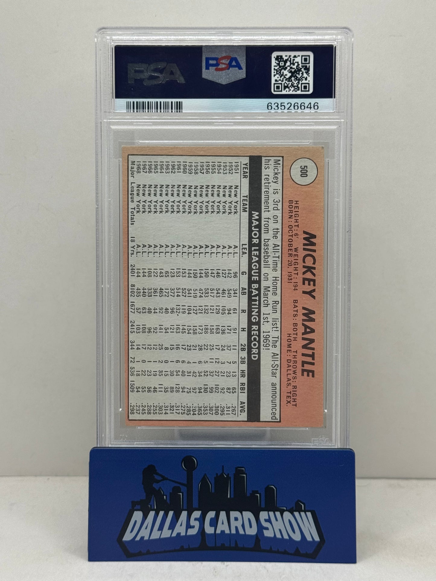 1969 Topps #500 Mickey Mantle Last Name in White PSA 5