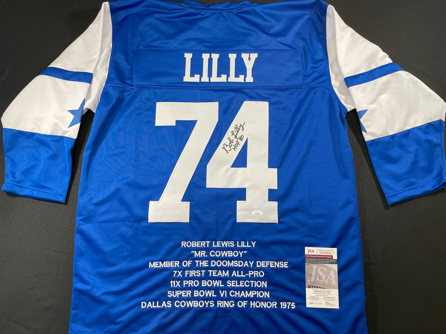 BOB LILLY DALLAS COWBOYS SIGNED SEWN THROWBACK FOOTBALL STAT JERSEY JSA