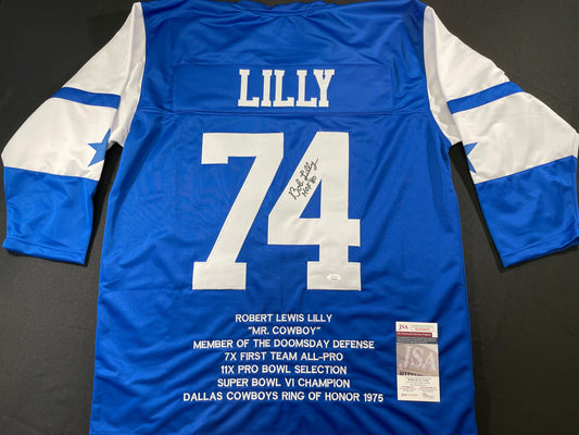 BOB LILLY DALLAS COWBOYS SIGNED SEWN THROWBACK FOOTBALL STAT JERSEY JSA