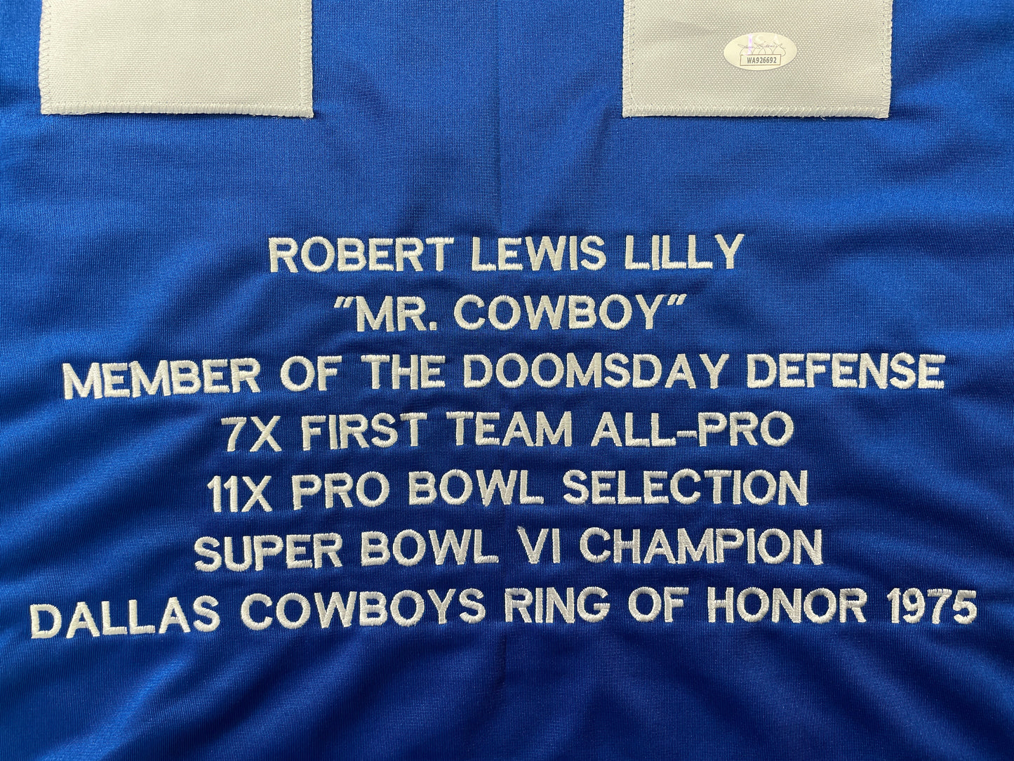 BOB LILLY DALLAS COWBOYS SIGNED SEWN THROWBACK FOOTBALL STAT JERSEY JSA