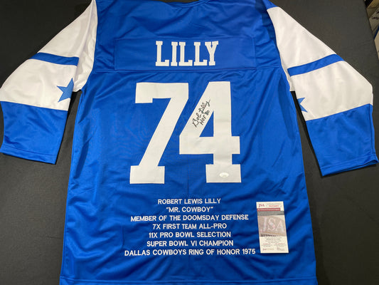 BOB LILLY DALLAS COWBOYS SIGNED SEWN THROWBACK FOOTBALL STAT JERSEY JSA