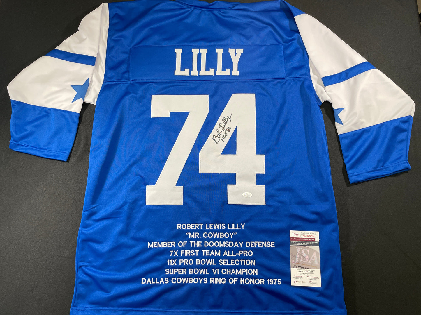 BOB LILLY DALLAS COWBOYS SIGNED SEWN THROWBACK FOOTBALL STAT JERSEY JSA