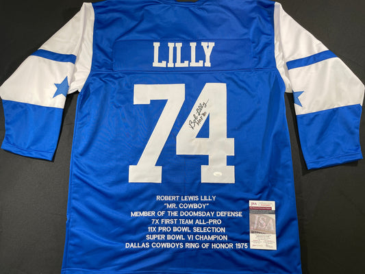 BOB LILLY DALLAS COWBOYS SIGNED SEWN THROWBACK FOOTBALL STAT JERSEY JSA