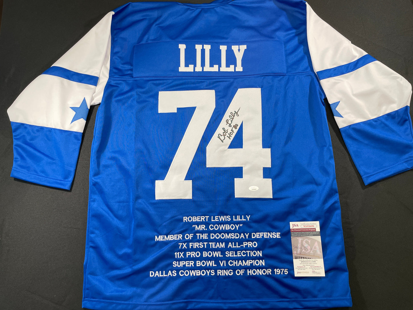 BOB LILLY DALLAS COWBOYS SIGNED SEWN THROWBACK FOOTBALL STAT JERSEY JSA