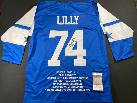 BOB LILLY DALLAS COWBOYS SIGNED SEWN THROWBACK FOOTBALL STAT JERSEY JSA