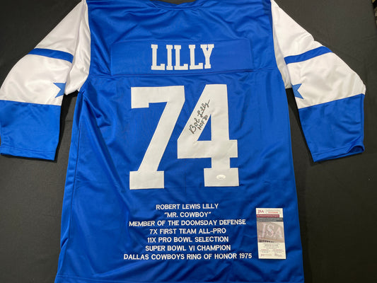 BOB LILLY DALLAS COWBOYS SIGNED SEWN THROWBACK FOOTBALL STAT JERSEY JSA