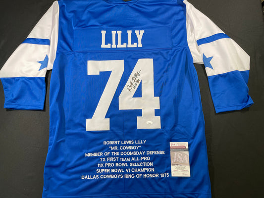BOB LILLY DALLAS COWBOYS SIGNED SEWN THROWBACK FOOTBALL STAT JERSEY JSA