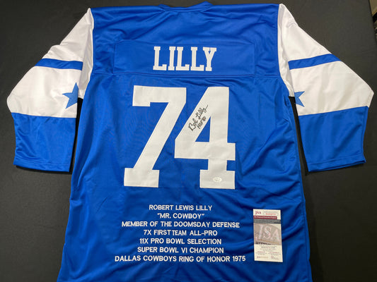 BOB LILLY DALLAS COWBOYS SIGNED SEWN THROWBACK FOOTBALL STAT JERSEY JSA