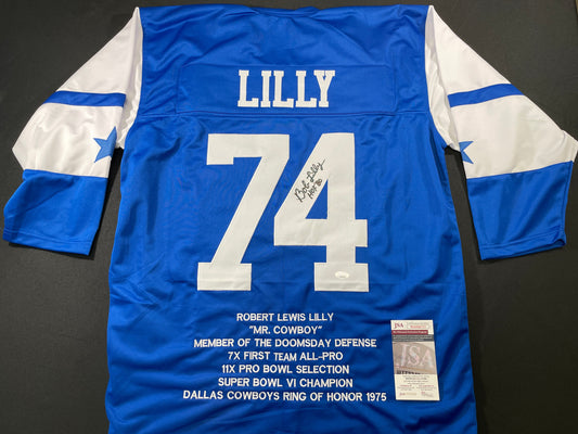 BOB LILLY DALLAS COWBOYS SIGNED SEWN THROWBACK FOOTBALL STAT JERSEY JSA