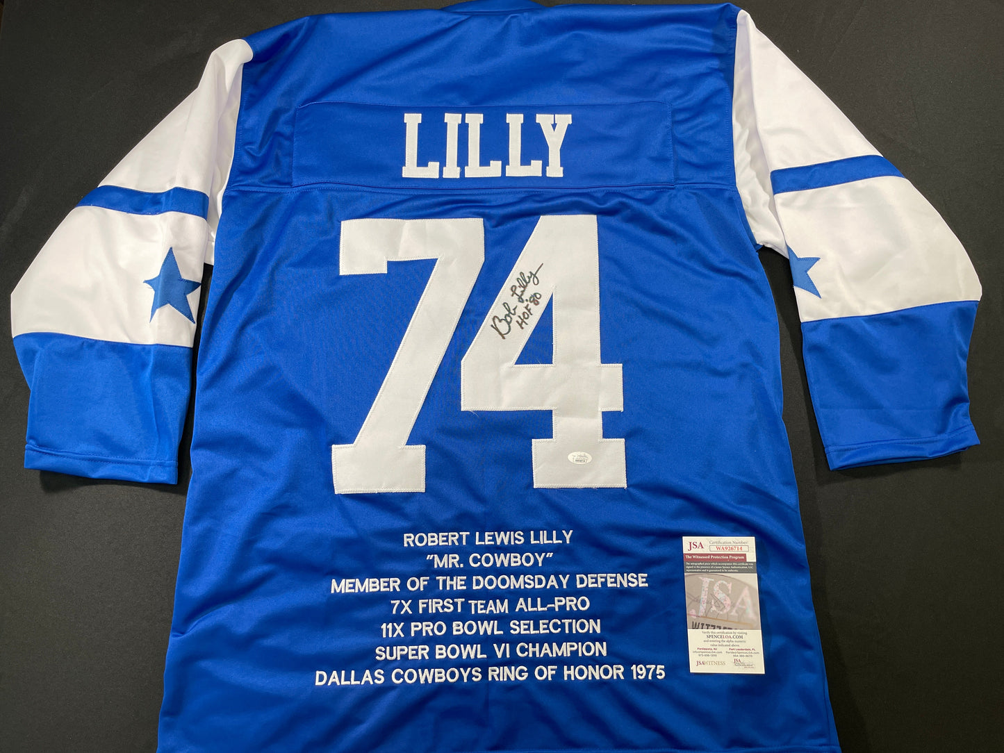 BOB LILLY DALLAS COWBOYS SIGNED SEWN THROWBACK FOOTBALL STAT JERSEY JSA