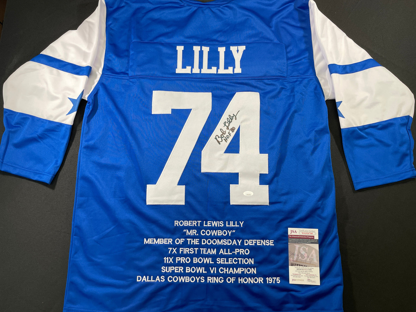 BOB LILLY DALLAS COWBOYS SIGNED SEWN THROWBACK FOOTBALL STAT JERSEY JSA