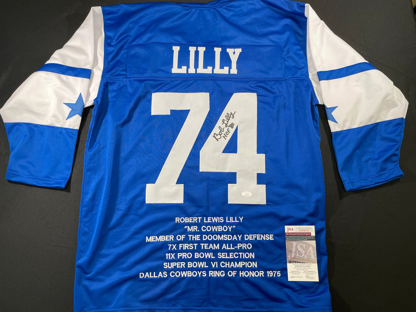 BOB LILLY DALLAS COWBOYS SIGNED SEWN THROWBACK FOOTBALL STAT JERSEY JSA