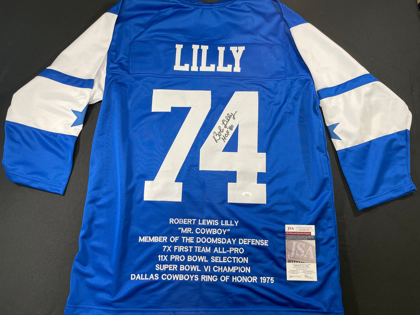 BOB LILLY DALLAS COWBOYS SIGNED SEWN THROWBACK FOOTBALL STAT JERSEY JSA