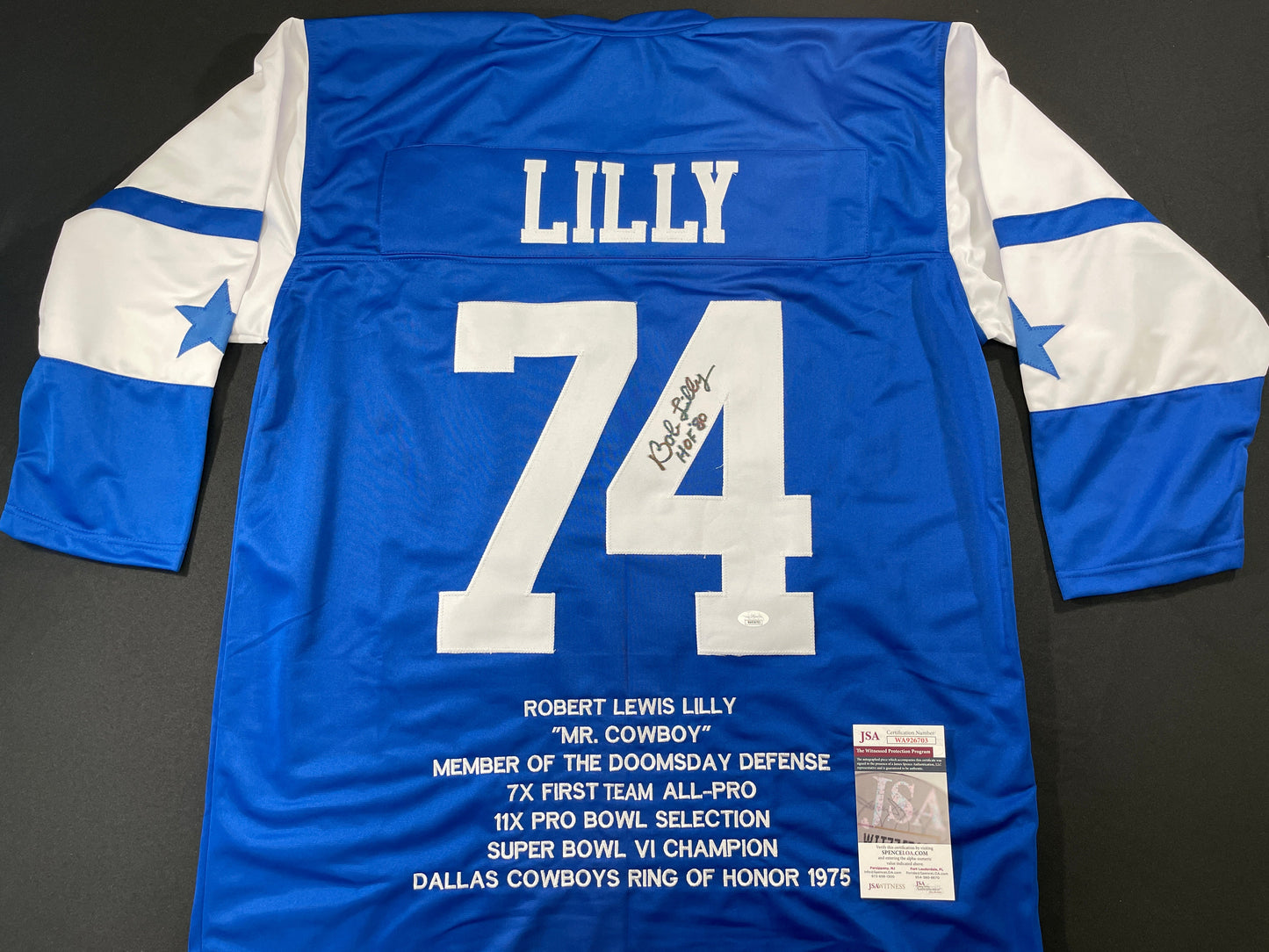 BOB LILLY DALLAS COWBOYS SIGNED SEWN THROWBACK FOOTBALL STAT JERSEY JSA