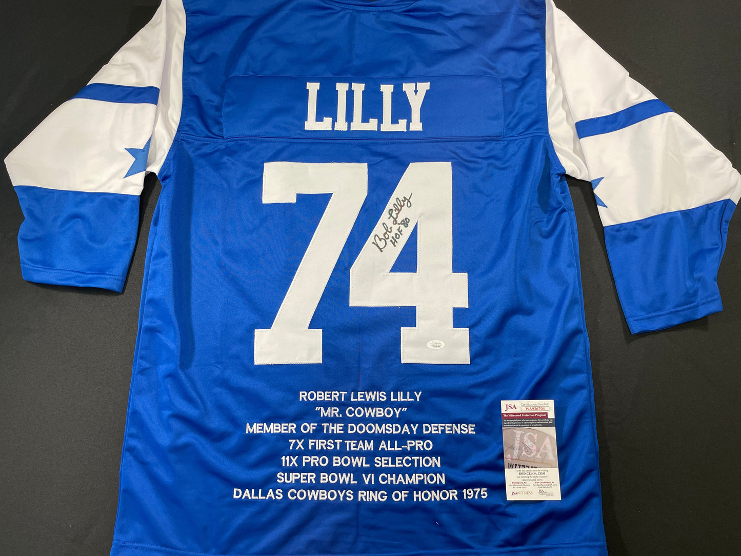BOB LILLY DALLAS COWBOYS SIGNED SEWN THROWBACK FOOTBALL STAT JERSEY JSA