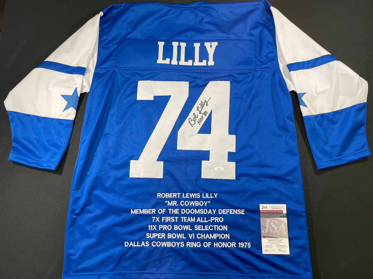 BOB LILLY DALLAS COWBOYS SIGNED SEWN THROWBACK FOOTBALL STAT JERSEY JSA